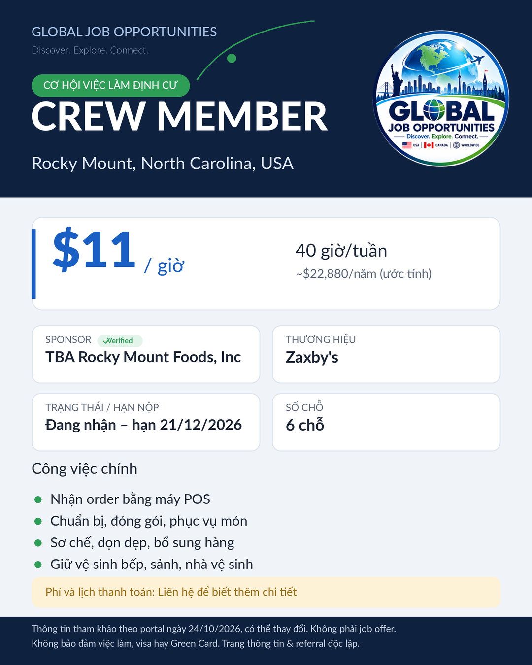 Crew Member – Rocky Mount, North Carolina, $11/giờ