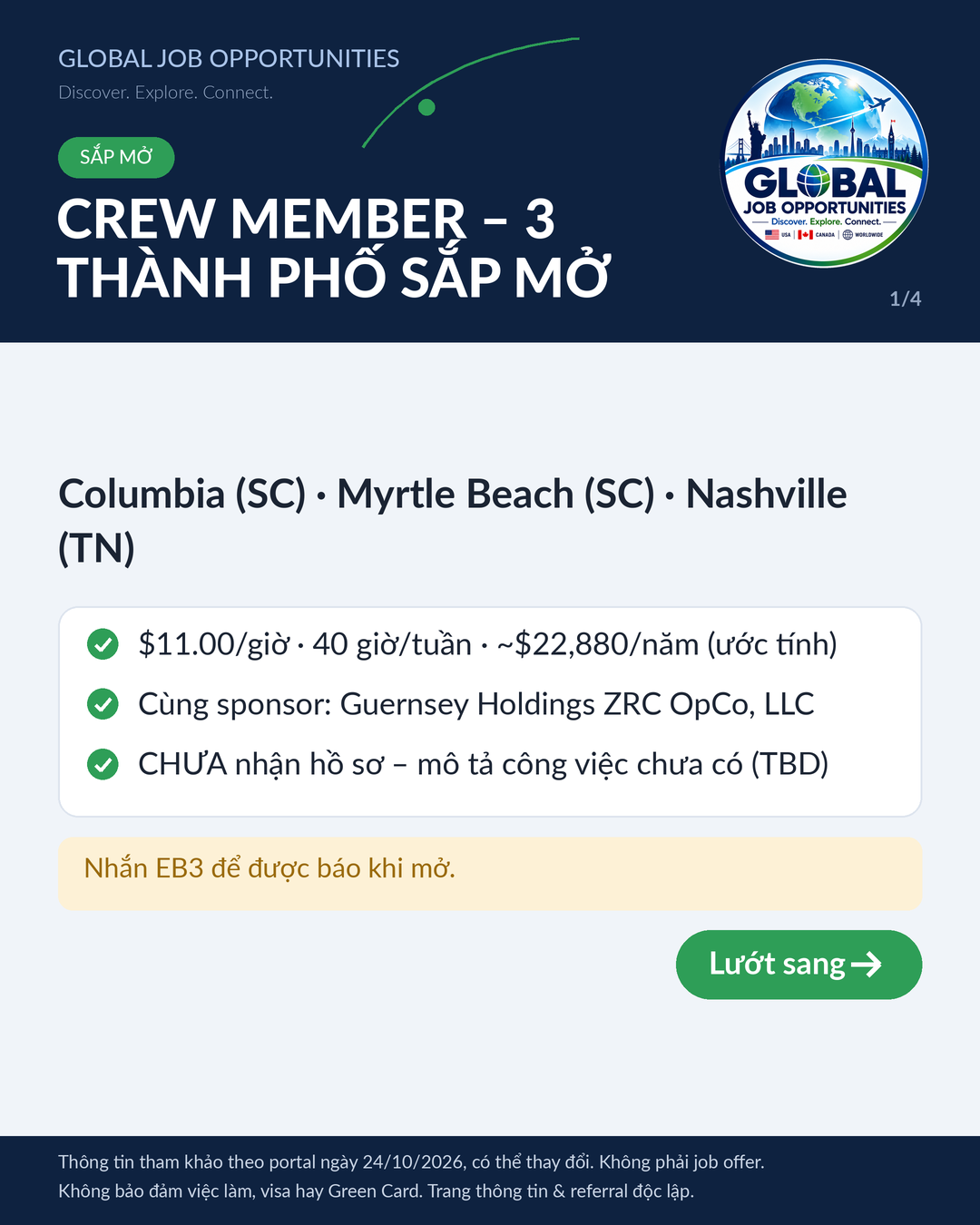 Crew Member sắp mở – Columbia, Myrtle Beach, Nashville
