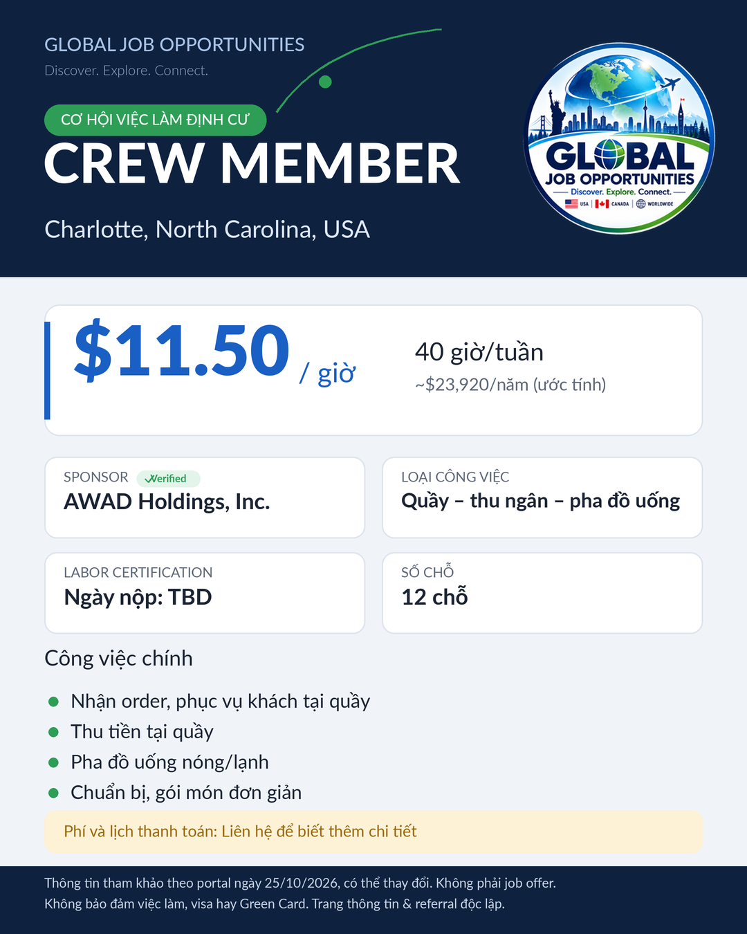 Crew Member – Charlotte, North Carolina, $11.50/giờ