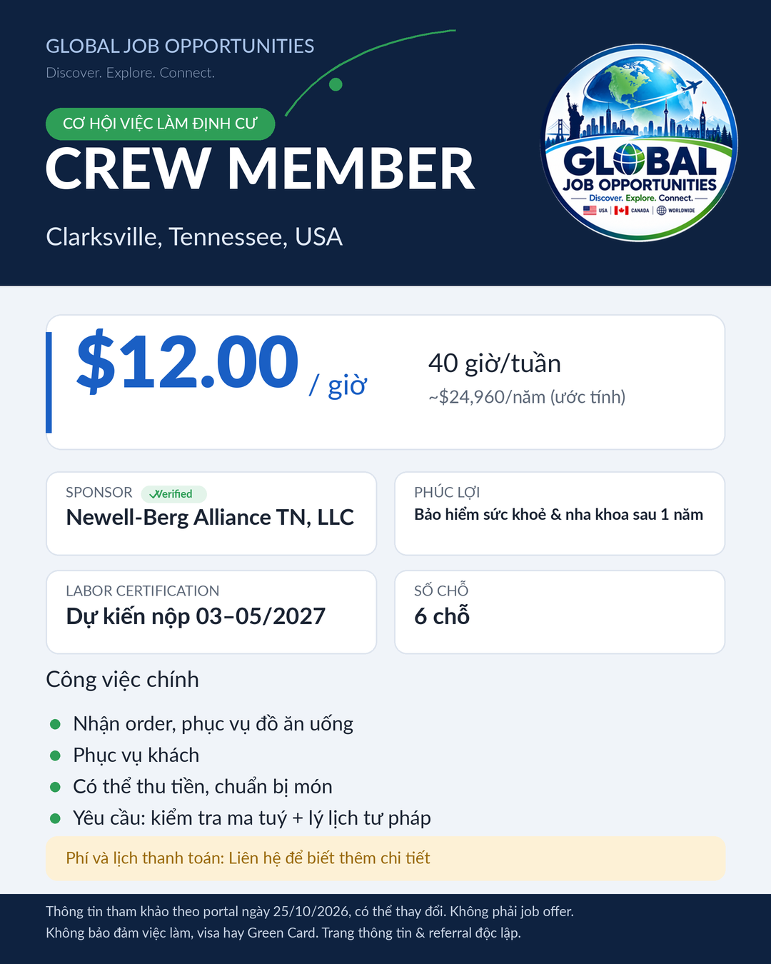 Crew Member – Clarksville, Tennessee, $12/giờ
